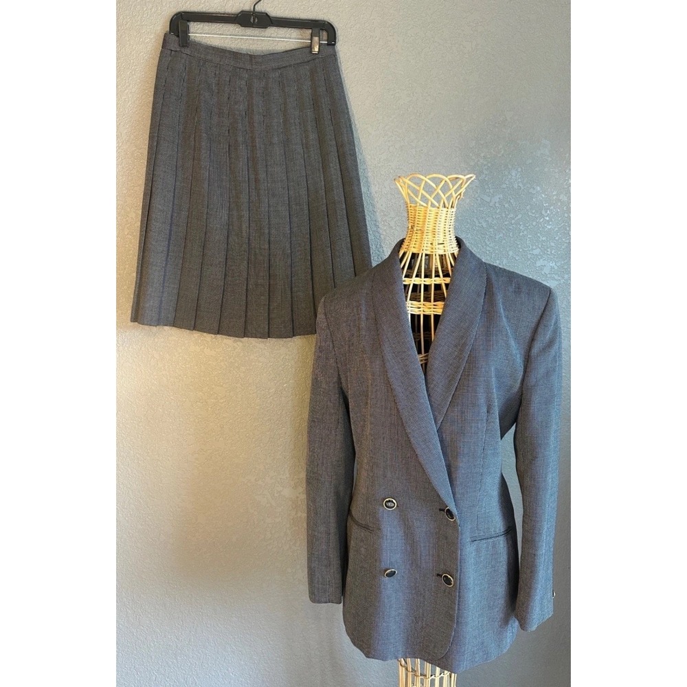 Vtg Rena Rowan Houndstooth Skirt Suit Set Blazer Sz 8 and Pleated Skirt Sz 12